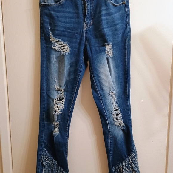 Frayed Hem Distressed Blue Jeans - Picture 1 of 6